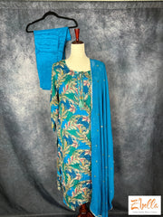 Blue And Green Printed Chiffon Kurti With Bottom Dupatta Kurti Set