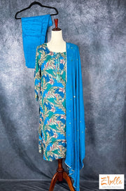 Blue And Green Printed Chiffon Kurti With Bottom Dupatta Kurti Set