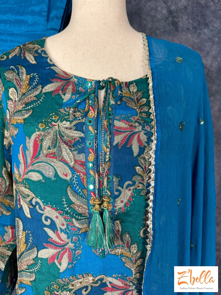 Blue And Green Printed Chiffon Kurti With Bottom Dupatta Kurti Set