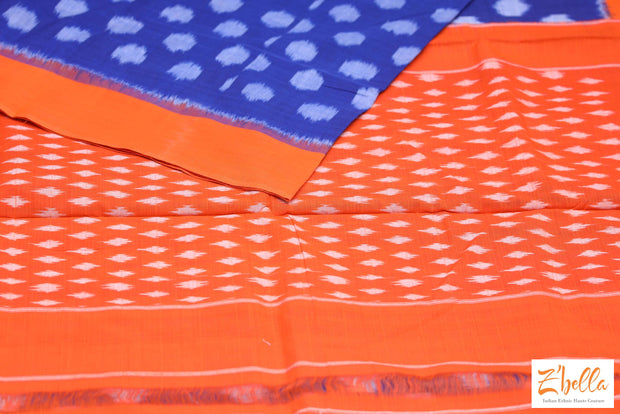 Blue And Orange Combo Double Ikkat Weave Saree With Stiched Blouse Saree