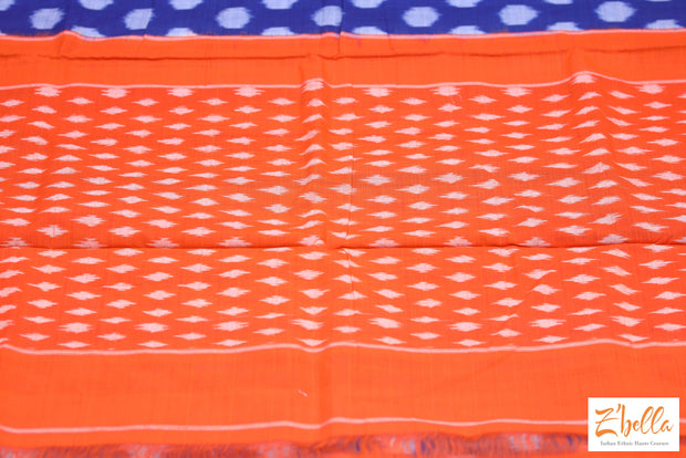 Blue And Orange Combo Double Ikkat Weave Saree With Stiched Blouse Saree