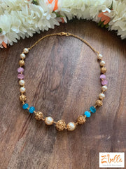 Blue And Pink Pumkin Beads With Pearl Short Chain Necklace