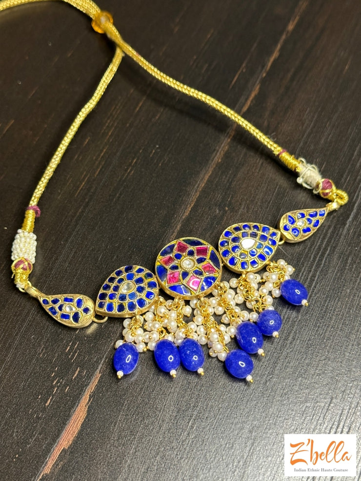 Blue And Pink Real Temple Kundan Choker Necklace