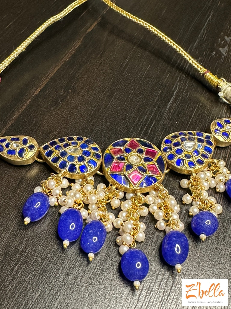 Blue And Pink Real Temple Kundan Choker Necklace