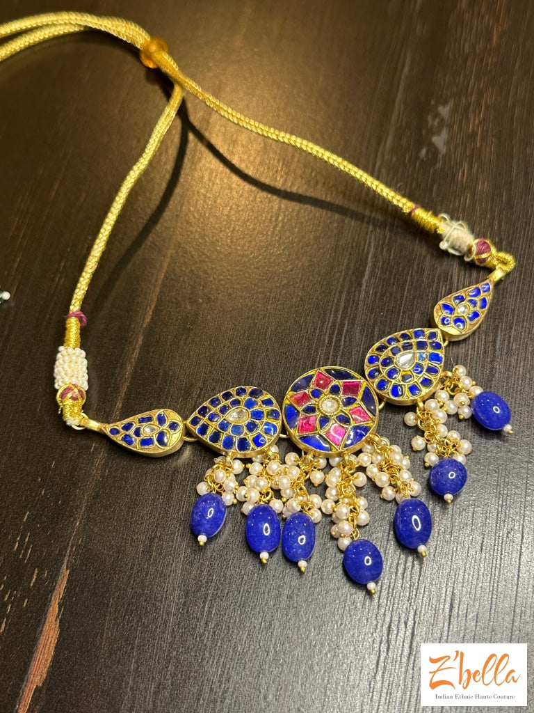 Blue And Pink Real Temple Kundan Choker Necklace