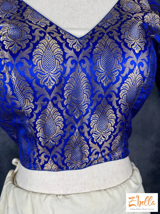 Blue Brocade Crop Top With Sleeves Blouse