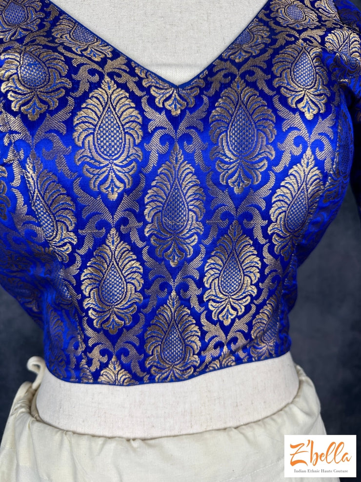 Blue Brocade Crop Top With Sleeves Blouse