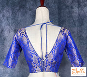 Blue Brocade Crop Top With Sleeves Blouse