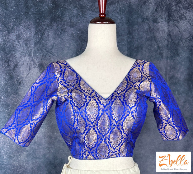 Blue Brocade Crop Top With Sleeves Blouse