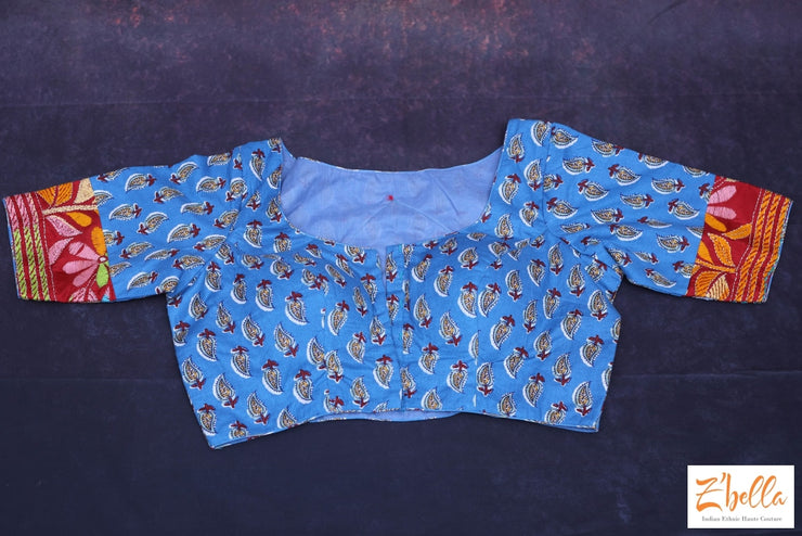 Blue Cotton Blouse With Kantha Work Blouse