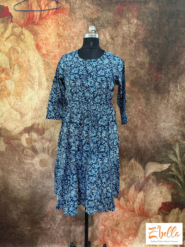 Blue Cotton Printed Dress Kurti Set
