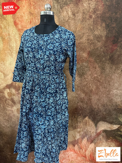 Blue Cotton Printed Dress Kurti Set