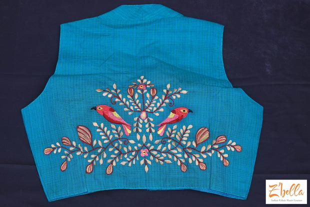 Blue Cotton Sleeveless Blouse With Embroidery Blouse