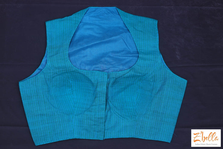 Blue Cotton Sleeveless Blouse With Embroidery Blouse