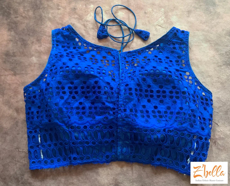 Blue Hakoba Cotton Blouse With Cut Work Blouse