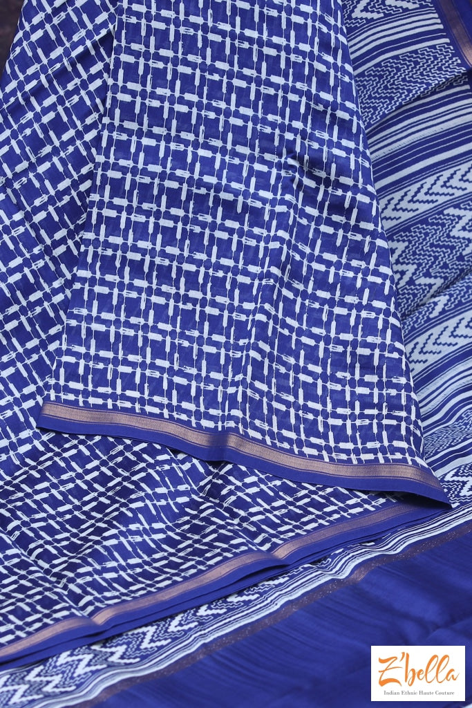 Blue Printed Chanderi Cotton Silk Saree With Bp Saree