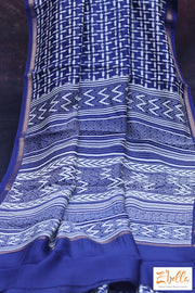 Blue Printed Chanderi Cotton Silk Saree With Bp Saree