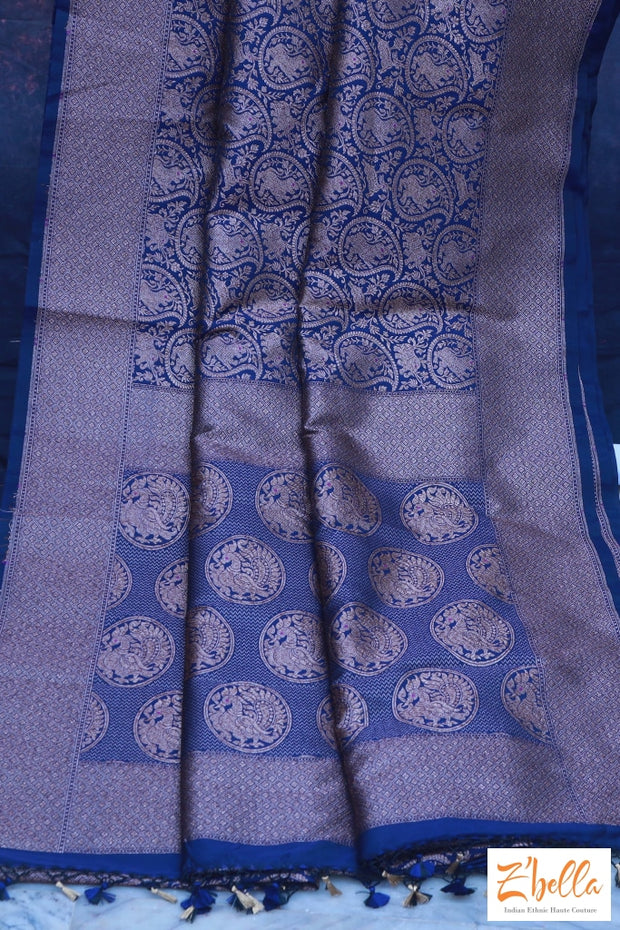 Blue Semi Soft Katan Brocade Saree With Stitched Blouse Saree