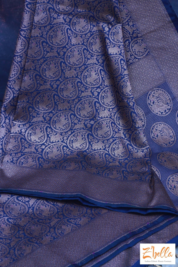 Blue Semi Soft Katan Brocade Saree With Stitched Blouse Saree