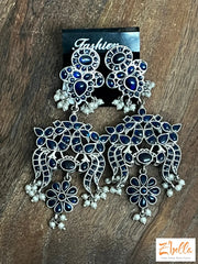 Blue Stone Long Earring Earrings Silver Tone