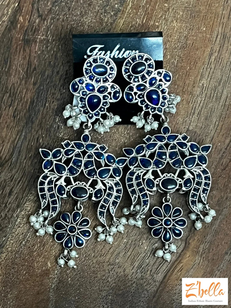 Blue Stone Long Earring Earrings Silver Tone