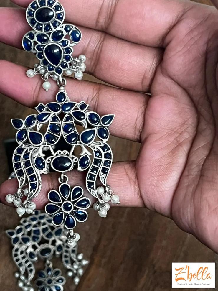 Blue Stone Long Earring Earrings Silver Tone