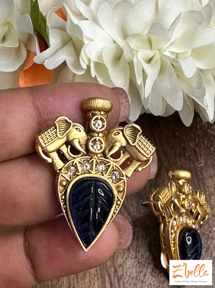 Blue Stone Stud Earrings Gold Tone