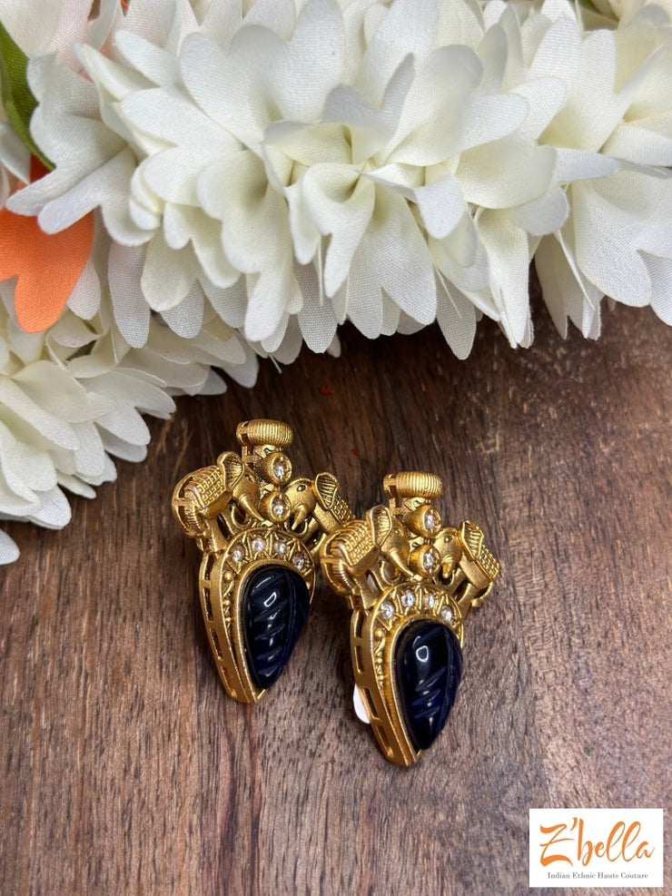 Blue Stone Stud Earrings Gold Tone