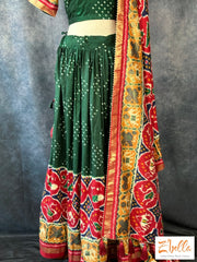 Bottle Green And Red Combo Pattola Print Lehanga Lehanga