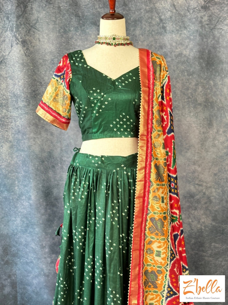 Bottle Green And Red Combo Pattola Print Lehanga Lehanga