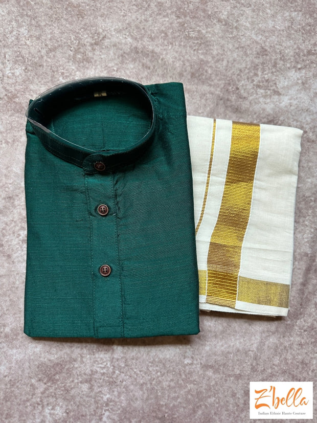 Boys Green Kurta And Velcro Mundu Set Boy Kids Set