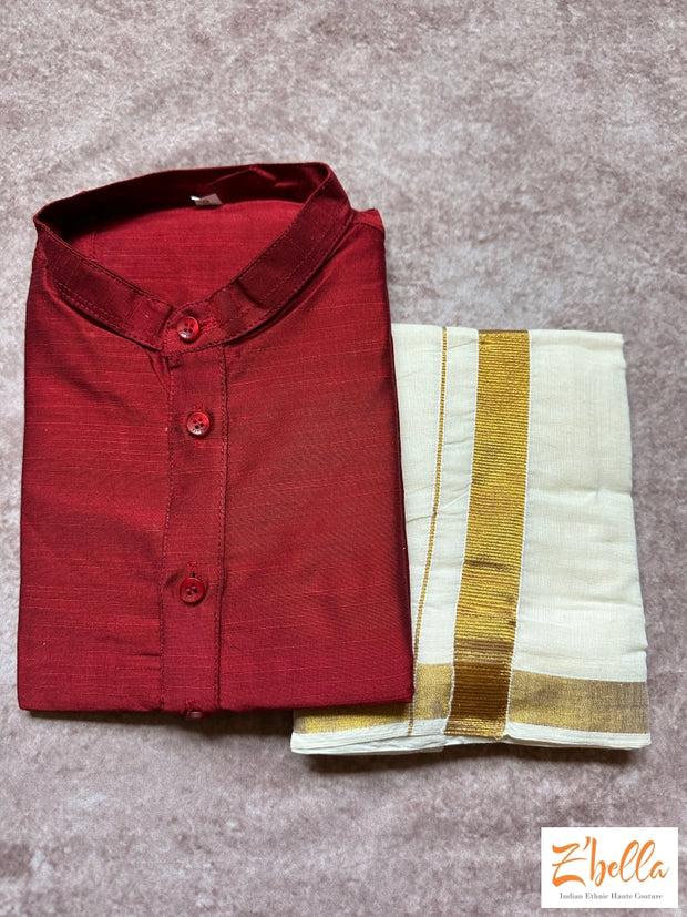 Boys Maroon Kurta And Velcro Mundu Set Boy Kids Set