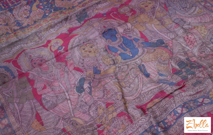 Brick Red Pure Tussar Silk Saree With Ajrakh And Kalamkari Hand Print Stitched Blouse Saree