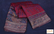 Brick Red Pure Tussar Silk Saree With Ajrakh And Kalamkari Hand Print Stitched Blouse Saree