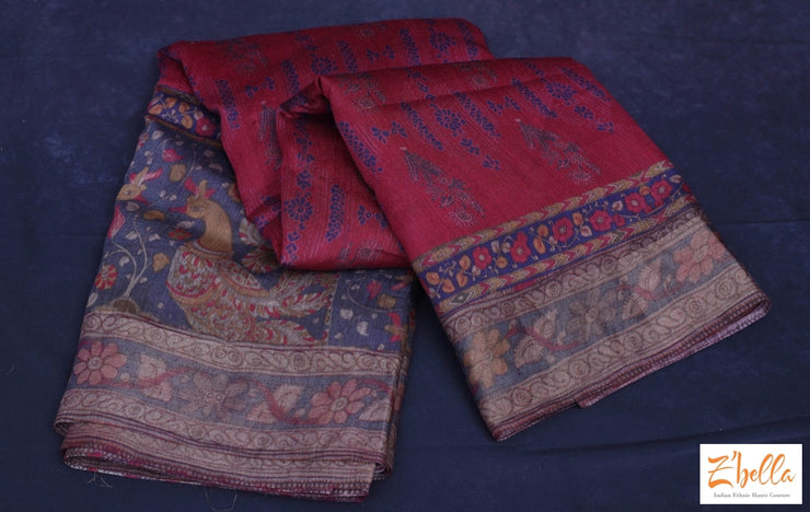 Brick Red Pure Tussar Silk Saree With Ajrakh And Kalamkari Hand Print Stitched Blouse Saree