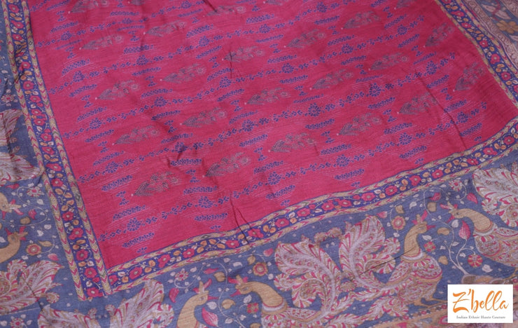 Brick Red Pure Tussar Silk Saree With Ajrakh And Kalamkari Hand Print Stitched Blouse Saree