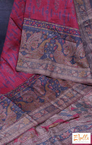 Brick Red Pure Tussar Silk Saree With Ajrakh And Kalamkari Hand Print Stitched Blouse Saree