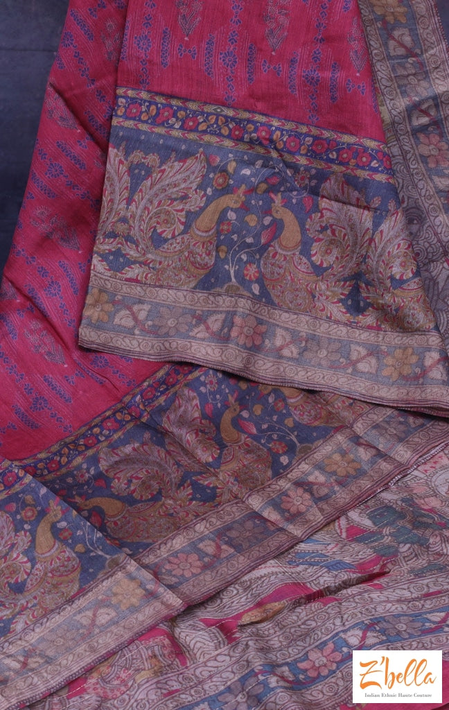 Brick Red Pure Tussar Silk Saree With Ajrakh And Kalamkari Hand Print Stitched Blouse Saree