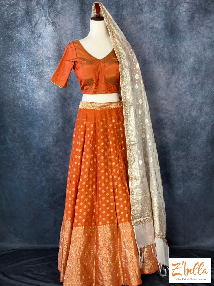 Burnt Orange Banarsi Lehanga With Dupatta Lehanga