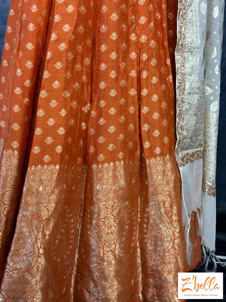 Burnt Orange Banarsi Lehanga With Dupatta Lehanga