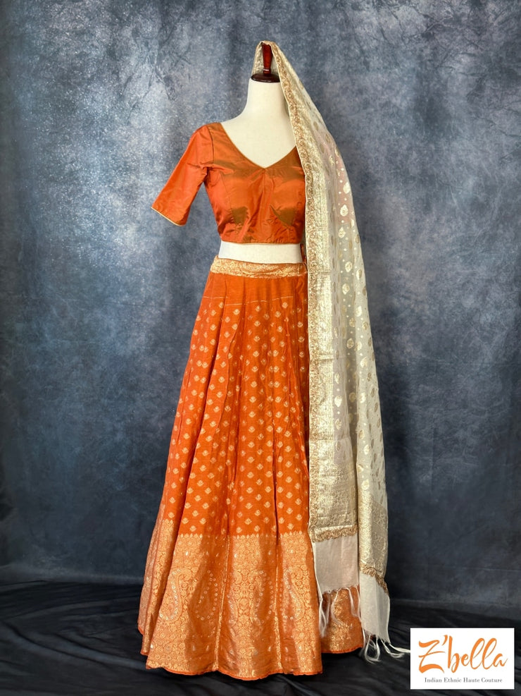 Burnt Orange Banarsi Lehanga With Dupatta Lehanga