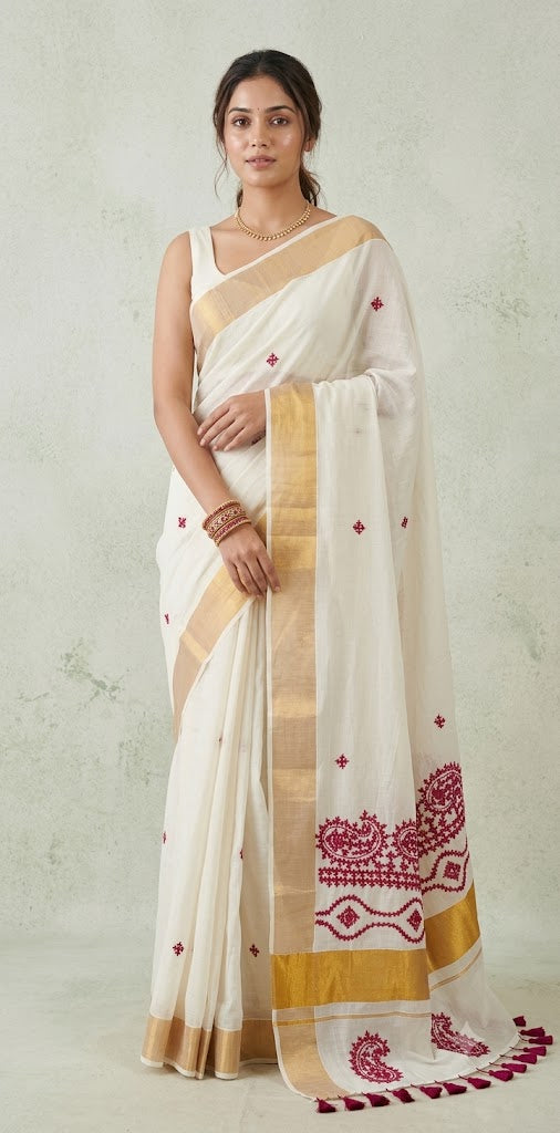 Set saree with gujrati hand work (Kutch work)