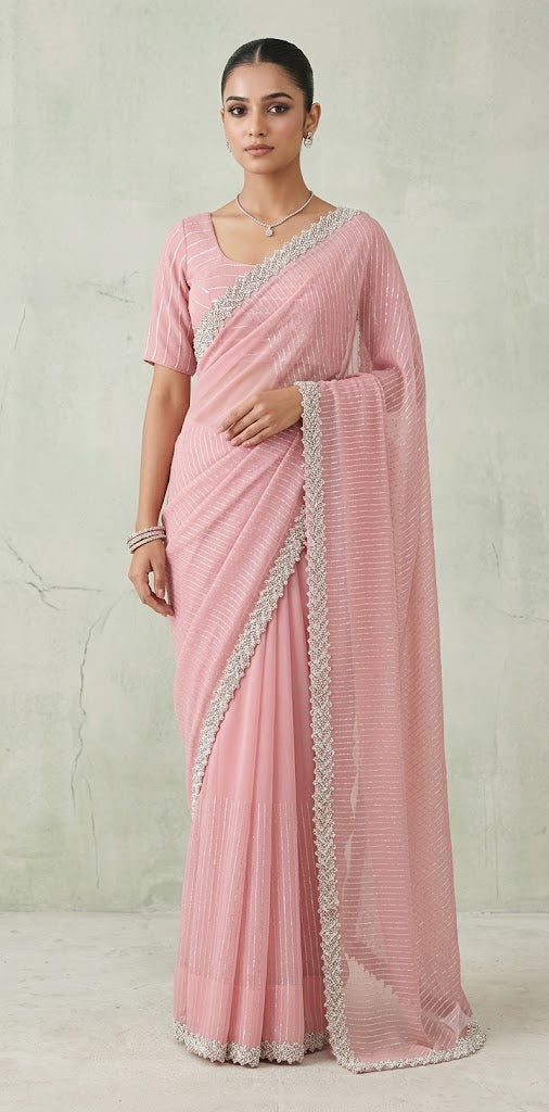Light pink georgette saree with bead embroidery and stitched blouse