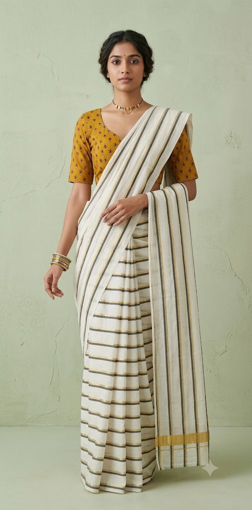 Soft cotton saree with coffee brown and gold lines