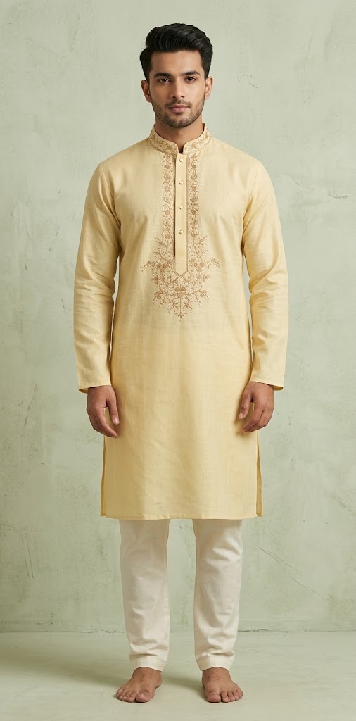 Sandalwood cotton kurta with hand emroidery on the neck