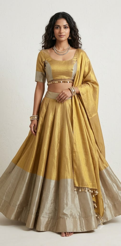 Cotton tissue 8m flare skirt, blouse and dupatta