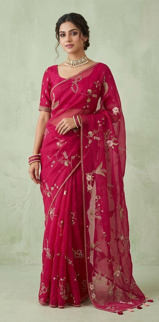 Pink organza saree with han embroidery and stitched blouse