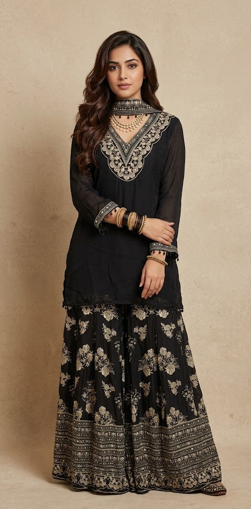 Pure organza top with flared crepe palazzo bottom