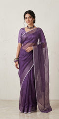 Muslin pure silk saree with sequins weave and stitched blouseSilk mark certified