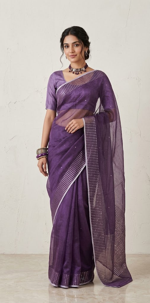 Muslin pure silk saree with sequins weave and stitched blouseSilk mark certified